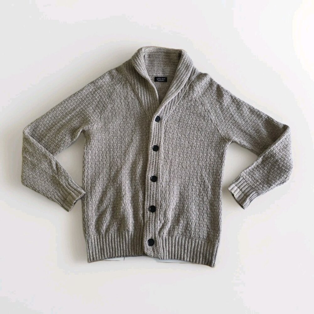 Zara Mens Cardigan L Beige Textured LS Shawl Collar Button Preppy Academia Boho - Picture 10 of 15